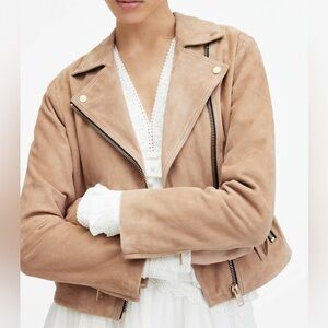 NWT All Saints Dalby Suede Leather Biker Jacket in Pale Tan Brown Size 2